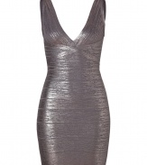 Make a striking statement at your next evening event in this glamorous metallic Bandage dress from Herv? L?ger - V-neckline, thick straps, d?colletage-enhancing at bust, bandage style with figure-hugging multi-panels, concealed back zip closure - Extra form-fitting - Style with metallic platform pumps and a jet black clutch