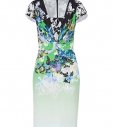 Work an eye-catching, contemporary print into your sleek tailored dress collection with Etros floral fade sheath - Squared-off neckline, cap sleeves, hidden back zip, kick pleat - Form-fitting - Wear with jet black accessories