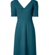 Feminine and flattering, Goats ink-hued wool-crepe dress is a chic choice for work and cocktails alike - V-neckline in front and back with front fold detail, pleated shoulders, cuffed short sleeves, hidden back zip - Fitted bodice and waist, full skirt, A-line silhouette - Wear with a bright clutch and patent leather pumps