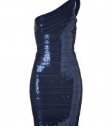 Channel the look of Hollywood glamour in this Herv? L?ger figure-enhancing bandage dress featuring an on-trend asymmetrical neckline and allover sequinning - One-shoulder bodice with seaming details, figure-enhancing bandage panels, back and side seam details, concealed back zip closure - Style with statement heels and a bold leather jacket