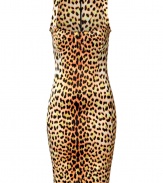 Work a wild edge into your cocktail attire with Just Cavallis eye-catching leopard print shift dress - Scoop neckline, medium-width straps, hidden back zip, kick pleat - Form-fitting - Wear with platform pumps and a jet black leather clutch