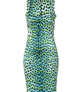 Work a wild edge into your cocktail attire with Just Cavallis eye-catching leopard print shift dress - Scoop neckline, medium-width straps, hidden back zip, kick pleat - Form-fitting - Wear with platform pumps and a jet black leather clutch