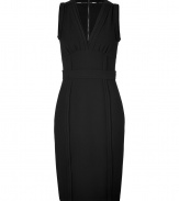 Modern and flattering with its structural seaming and stretch crepe, Burberry Londons sleeveless black sheath is a sleek way to take your work look to cocktails - V-neckline with stitched trim, sleeveless, empire waistline seam, stitched band at natural waistline, tonal metal back zip, kick pleat - Form-fitting - Wear with heels and a sleek leather handbag