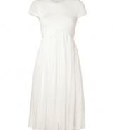 With an ultra flattering cut and ethereal mixed-media detailing, McQ Alexander McQueens white combo dress is a pristine take on cocktail-hour chic - Round neckline, cap sleeves, curved modern empire waistline in front, hidden back zip - Fitted top, loosely draped full skirt - Wear with a blazer and flawless flats