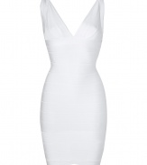 Make a sultry statement in this attention-grabbing white bandage dress from Herv? L?ger - V-neck, bustier-style top, thick spaghetti straps, classic bandage panel detailing with figure-enhancing seams at front, down sides, and at back, concealed back zip closure - Extra form-fitting - Style with sky-high platform sandals and an embellished clutch