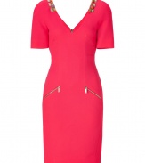 Radiant in neon pink with intricately embellished shoulders, Matthew Williamsons paneled wool sheath is as eye-catching as it is exquisite - V-neckline in front and back, short sleeves, embellished shoulders, slated front zip pockets, exposed metal back zip - Tailored fit - Wear with heels and a bright leather clutch