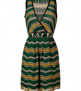 Give your look a vivid uplift in Missoni Ms green-multi zigzag knit dress, perfect for taking from the office to city cocktails - Wrapped V-neckline with black knit trim, sleeveless with textural contrast black knit trim, tonal knit waistband, pull-over style - Form-fitting top, full skirt - Wear with heels and a bright leather handbag