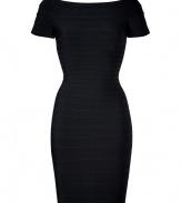 Cut a feminine figure after dark in this cocktail-ready off-the-shoulder dress from Herv? L?ger - Wide off-the-shoulder neckline, cap sleeves, bandage style with figure-hugging multi-panels, concealed back zip closure - Extra form-fitting - Style with jet black platform pumps and a statement clutch