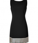 Minimalist and modern with its monochrome striping, Jil Sander Navys black and white satin detailed sheath is an ultra-sophisticated choice for cocktails - Wide neckline in front and back, thick straps, white striping around the hemline, hidden side zip - Tailored fit - Wear with jet black accessories and a dusting of fine jewelry