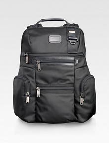 An endlessly versatile, always casual backpack design for business, school, commuting and travel in durable ballistic nylon. Zip closure Top handles Shoulder straps Exterior zip pockets Interior zip pockets, divider wall Nylon with leather accents 12W X 17H X 6D Imported 