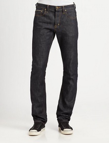 Raw indigo-rinsed denim classic in a slim-leg silhouette, with folded back pocket detailing and enlarged, logo-branded button shanks.Five-pocket styleButton flyInseam, about 35CottonMachine washImported