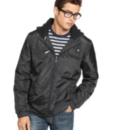 Getting caught in the rain is a thing of the past when you're suited up in the ultra-sleek wear-anywhere design of this Kenneth Cole Windbreaker, complete with a detachable fleece hood.