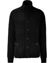 Luxurious black wool knit cardigan - Stay warm and look cool in this stylish cardigan - High neck style with retro-inspired pocket details - Style with distressed jeans and a parka for casual cool - Wear with trousers, oxfords, and a leather jacket