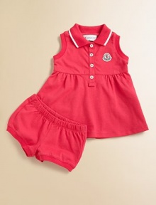 Sweet and sporty, in soft pique knit, a charming and comfy warm-weather look for your little girl.Ribbed polo collar with striped tippingSleeveless with ribbed armholesButton placketLogo appliqué at chest Softly gathered Empire waistMatching bloomer with elasticized waist and ribbed leg openings96% cotton/4% elastaneMachine washImported Please note: Number of buttons may vary depending on size ordered. 