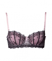 Stylish bra in fine black and pale rose synthetic fiber - outstandingly comfortable due to stretch content - model Dentelle by designer and top model Elle Macpherson - luxurious underwire bra in hip boudoir lace optic with floral pattern - slightly padded 1/2 cups and slim adjustable straps - hook closure - fashionable balconnet shape, perfect for wide necklines - ideal, soft to the touch fit - creates a dream cleavage - stylish, sexy, seductive - pairs with almost all outfits