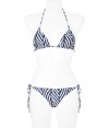 Chic bikini in fine, light blue nylon stretch - Classic triangle style in elegant, oversize herringbone print - Tie fastenings at halter neck, back and hips - Modest coverage at rear, briefs sit comfortably at hips - Sophisticated and sexy, fits true to size - A must for your next beach getaway