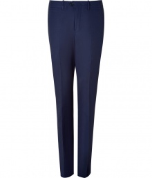 Elegant classic pant in fine, pure navy wool - Modern, slim straight cut - Flattering crease detail elongates the silhouette - Tab waist with belt loops and button closure - Pockets at sides and single welt pocket at rear - Comfortable yet polished, an easy, everyday go-to - Pair with button downs, pullovers or a suit jacket