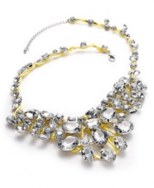 Brilliant shine and color, by Bar III. Bright yellow cords and sparkling acrylic stones create a captivating statement necklace. Crafted in rhodium-plated mixed metal. Approximate length: 19 inches + 3-1/2-inch extender. Approximate drop: 2-1/2 inches. Approximate width: 6 inches.