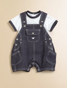 Charming shortall in soft denim with bold snaps