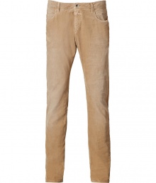 Stylish pants in fine beige cotton stretch blend - Ultra-fine wale corduroy - Slim, straight cut tapers at ankles - Lighter color through thighs - Classic five-pocket styling with belt loops and button closure - A cool, comfortable basic that is truly versatile - Pair with pullovers, button downs and blazers and style with lace-up boots or oxfords