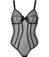 With a vintage-inspired silhouette and sweet scalloped trim, Chantal Thomass black mesh bodysuit is a glamorous choice - Seamed mesh cups, nude dotted mesh underlay, oversized front bow, sweetheart neckline, wide adjustable straps, scalloped trim, seamed body, cutout back with oversized bow detailing, hidden snap closures at crotch - Perfect under virtually any outfit, or worn alone for sultry lounging