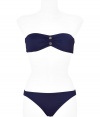 Look supremely sexy in this luxe bandeau bikini from Juicy Couture - Classic bandeau top with gold-tone hardware, classic slip-on bikini bottoms with back ruching and gold-tone logo hardware - Pair with a sheer caftan, wedge sandals, a floppy sunhat