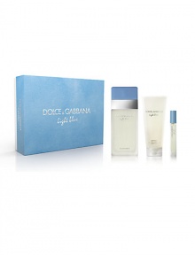 Set includes: DG Light Blue eau de toilette, 3.3 oz.; body cream, 3.3 oz. and travel spray, 0.25 oz. Made in France. 