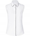 Work a chic edge into your workwear staples with Jil Sander Navys contrast trimmed shirt - Classic collar, sleeveless, button-down front, shirttail hemline, black trim - Tailored fit - Wear with a tailored blazer, pencil skirt and peep-toes