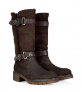 Up the style quotient of your cold weather look with these rugged-luxe shearling boots from Rossano Bisconti - Round toe, chunky sole and block heel, supple suede, mid-shaft length, dual buckle and strap detail, shearling lining - Pair with pleated wool short with ribbed tights and an oversized cashmere sweater