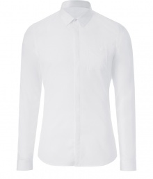 Sleek and streamlined, Belstaffs white cotton poplin shirt is a modern must in any wardrobe - New slim cut fits snugly and tapers gently through waist - Covered full button placket and chest pocket - Small collar and long, cuffed sleeves - Pleat detail at back - Wear solo or beneath a blazer or leather jacket, and pair with dress trousers, dark denim or chinos