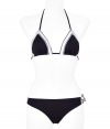 Look poolside pretty in this polka dot bikini from Juicy Couture - Classic triangle top with stripe, dual back tie detail with logo charms, classic bottoms with side stripe and bow - Pair with a sheer caftan, wedge sandals, a floppy sunhat