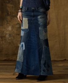 Drawing inspiration from vintage denim favorites, Denim & Supply Ralph Lauren's maxi skirt is patched, faded and frayed for a timeworn look that recaptures the bohemian spirit.