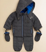 Keep baby safe from the elements and extra toasty in this puffy, down-filled, two-piece snowsuit with snap-off hood and mittens