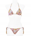 Channel classic retro-chic style in this sexy bikini featuring the classic Pucci print - Triangle style top with tie neck and tie back closure with bead details - Bottoms with side tie detail and bead detail, all over geometric print - Style with a sheer caftan, a floppy sun hat, and oversized shades