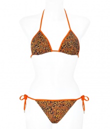 Stylish bikini in fine, synthetic fiber blend - Especially comfortable and flattering, thanks to a generous amount of stretch - Vibrant, orange-piped butterfly and leopard prints - Triangular halter top with adjustable cups ties at back and nape of neck - String brief ties at hips, offers modest coverage at rear - Sexy and fun, a must for you next vacation or beach getaway - Wear solo or layer beneath a caftan and pair with wedge sandals