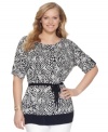 Spotlight safari style this season with Charter Club's short sleeve plus size top, accentuated by a belted waist.