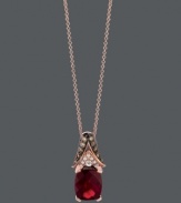 A fiery drop of crimson color to elevate your look. Le Vian pendant features a bold, oval-cut garnet (3-1/6 ct. t.w.) decorated with chocolate diamonds (1/5 ct. t.w.) and white diamonds (1/8 ct. t.w.) at the bail. Necklace and chain crafted in trendy 14k rose gold. Approximate length: 18 inches. Approximate drop: 3/4 inch.