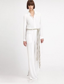 Look simply chic in this floor-sweeping minimalist jumpsuit, with a braided belt for a casual-cool effect. Shirt collarDropped shouldersLong sleeves with button cuffsButton-down front with hidden placketShirred bodiceBanded waist with belt loops and removable braided beltFront slash pocketsInseam, about 39Rise, about 11ViscoseDry cleanImportedModel shown is 5'10.5 (179cm) wearing US size 4.