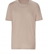 Stylish T-shirt made of fine cotton - In classic beige - The shirt is cut straight, beautifully slim and comfortably long - It has classic short sleeves and, as a cool detail, a double crew neck - Typical everyday basic for leisure, so very versatile - Wear either solo or under a pullover, jacket, cardigan, parka