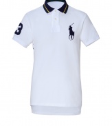 This classic polo shirt brings traditional American style to an everyday wardrobe - Fine cotton in crisp white with navy collar, extra-large embroidered signature logo on chest and number at sleeve - Try with jeans, chinos or shorts for an American-Preppy look