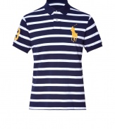 Stylish polo shirt in fine, navy blue and white striped pique cotton - A modern riff on a venerable classic from Ralph Lauren - Slim, straight cut - Small collar and short button placket - Oversize polo pony logo at chest and numbered sleeve - Hem hangs slightly longer in the back - Casually cool, ideal for everyday leisure - Pair with jeans, chinos or shorts