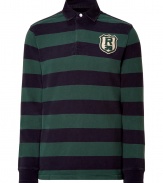 Classic black and teal striped fancy Rugby polo shirt - Get the modern preppy look with this sporty shirt - Classic polo shirt fit with front logo and number on back - Wear with jeans and a blazer for casual cool - Pair with cargo pants, a cardigan, and trainers