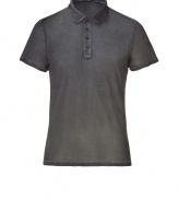 Stylish polo shirt in fine, pure grey silk - Supremely soft, summer weight material has a well-worn, vintage look - Small collar, short sleeves and four-button placket - Leaner cut tapers gently through waist - Casually elegant, easily dressed up or down - Wear solo or layer beneath a blazer and pair with jeans, chinos, shorts or linen trousers