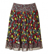 Vibrant florals take a graphic, boho-glam turn with Anna Suis multicolor silk skirt - Cheerfully chic in a pattern blocked, yellow, red, green and blue print - Classically feminine, A-line cut, with a banded waist - Elegantly micro pleated through middle and gently gathered at hem - Zips at back - Ideal for work, casual events and summer evenings out - Pair with a solid silk top or fitted t-shirt, peep toe pumps or sandals and a clutch or small shoulder bag