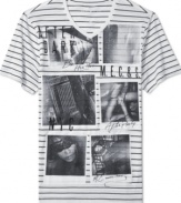 Show off your love of the late night with this stylish striped Marc Ecko Cut & Sew graphic tee.