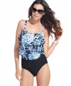 Floral-printed tiered ruffles add feminine flair while creating a flattering look with this Swim Solutions one-piece swimsuit -- tummy control ensures a sleek silhouette!