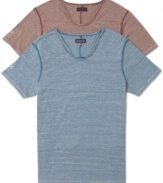 2-tone mini-horizontal stripe scoop v-neck short sleeve t-shirt by Guess Jeans works with cords, jeans, and shorts.