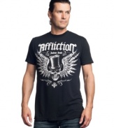 This top hat skull graphic t-shirt from Affliction adds polish with and edge to your denim look.