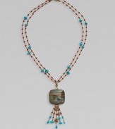 From the Trujillo Collection. Two delicate beaded strands hold a striking plaque of rainbow calsilica encased in rock crystal with a beaded tassel.Turquoise, jasper, rainbow calsilica and crystalBronzeLength, about 29Carved toggle claspMade in USA