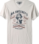 Right now, a vintage T-shirt looks like the most modern thing to wear with your jeans. Here, Lucky Brand celebrates the trend by printing the faux-old logo of Mr. Sweeney's Chop Shop on a V-neck tee.